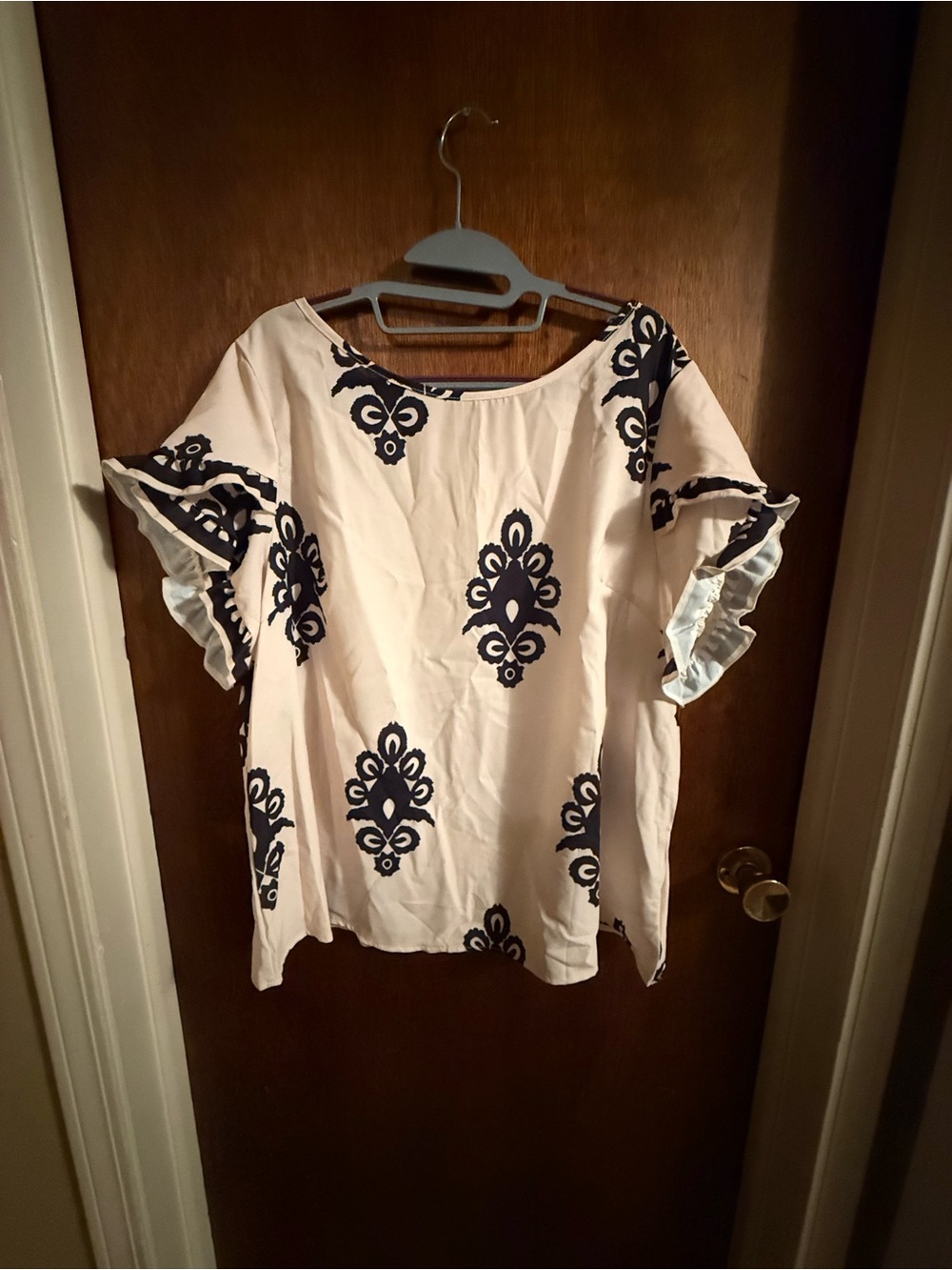 SHEIN Cream Blouse with Navy Medallion Print